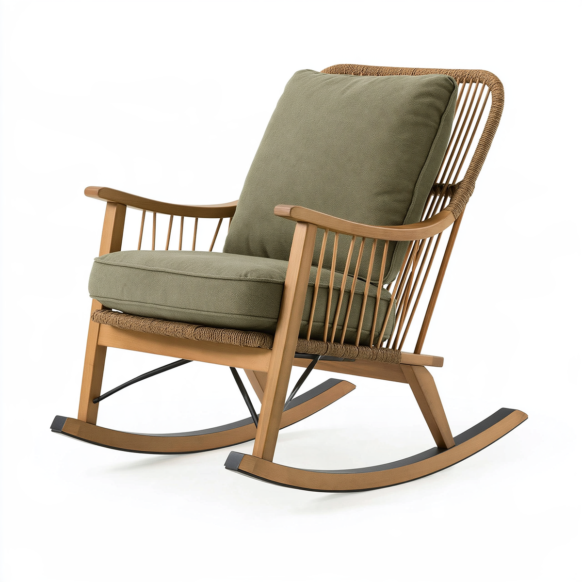 Sedia a dondolo 105 x 70 x 105 cm in legno naturale e tessuto verde stile rustico